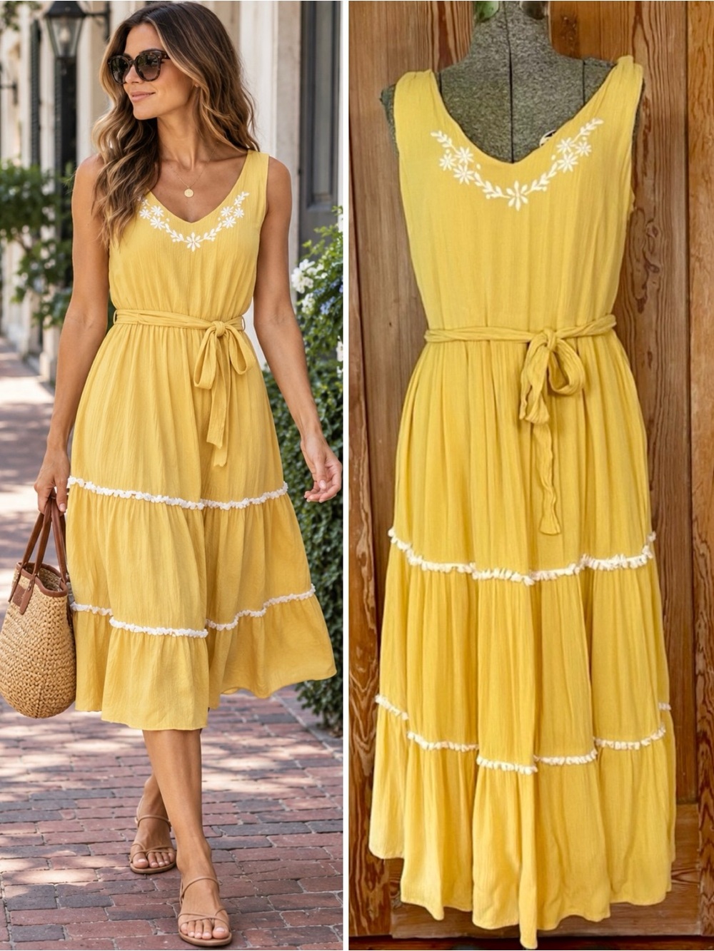 Joie Golden Yellow Embroidered Tiered Dress Tie Waist Boho Size 4 💛🍄
